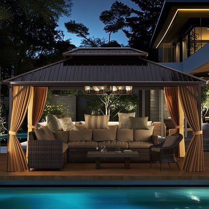 16' × 12' Outdoor Hardtop Gazebo with Double Metal Roof, Curtains and Mesh Netting