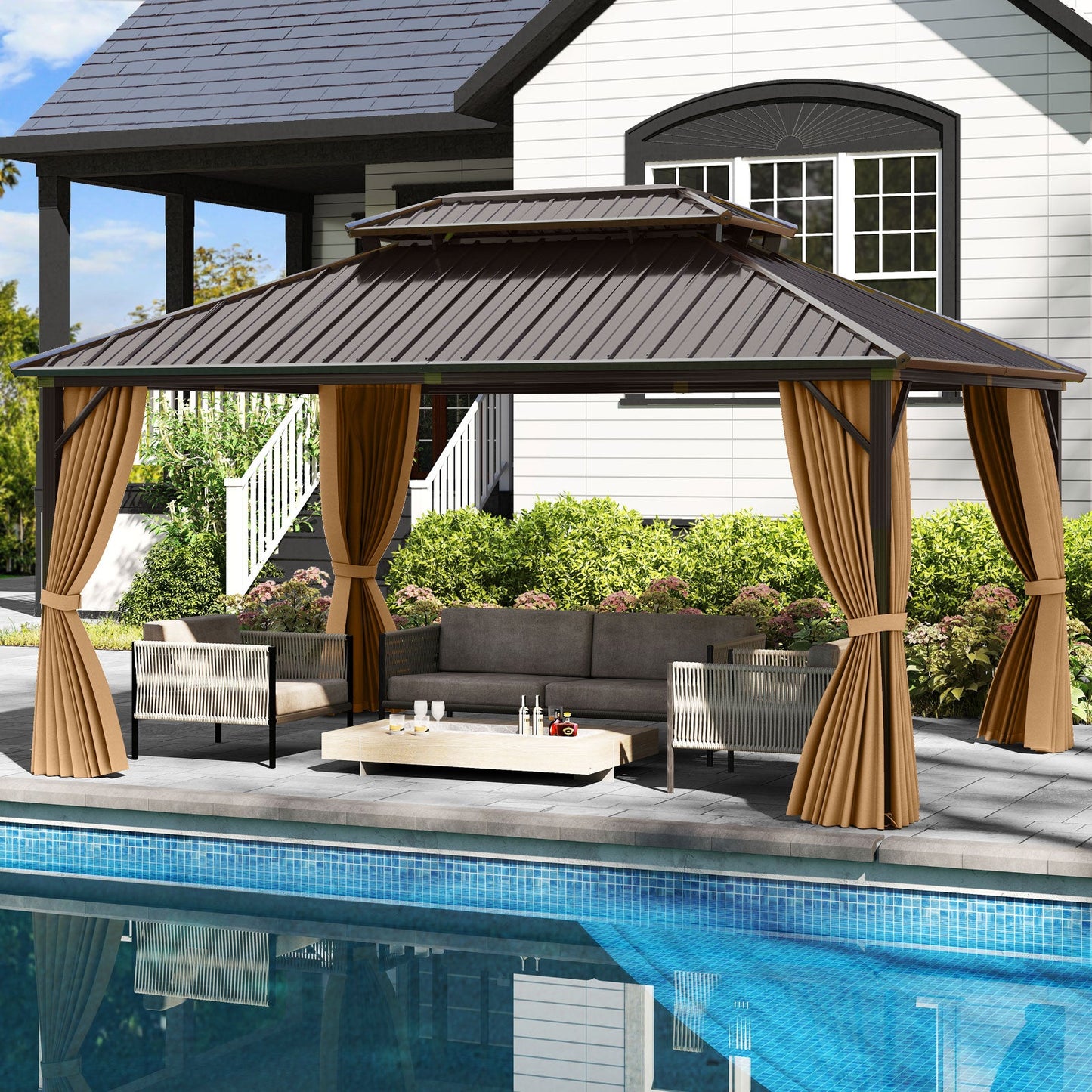 16' × 12' Outdoor Hardtop Gazebo with Double Metal Roof, Curtains and Mesh Netting