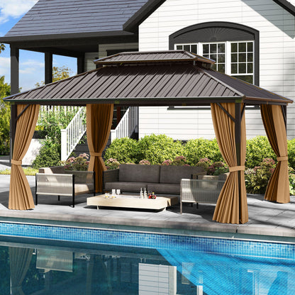 16' × 12' Outdoor Hardtop Gazebo with Double Metal Roof, Curtains and Mesh Netting