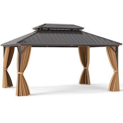 16' × 12' Outdoor Hardtop Gazebo with Double Metal Roof, Curtains and Mesh Netting