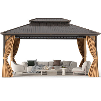 16' × 12' Outdoor Hardtop Gazebo with Double Metal Roof, Curtains and Mesh Netting
