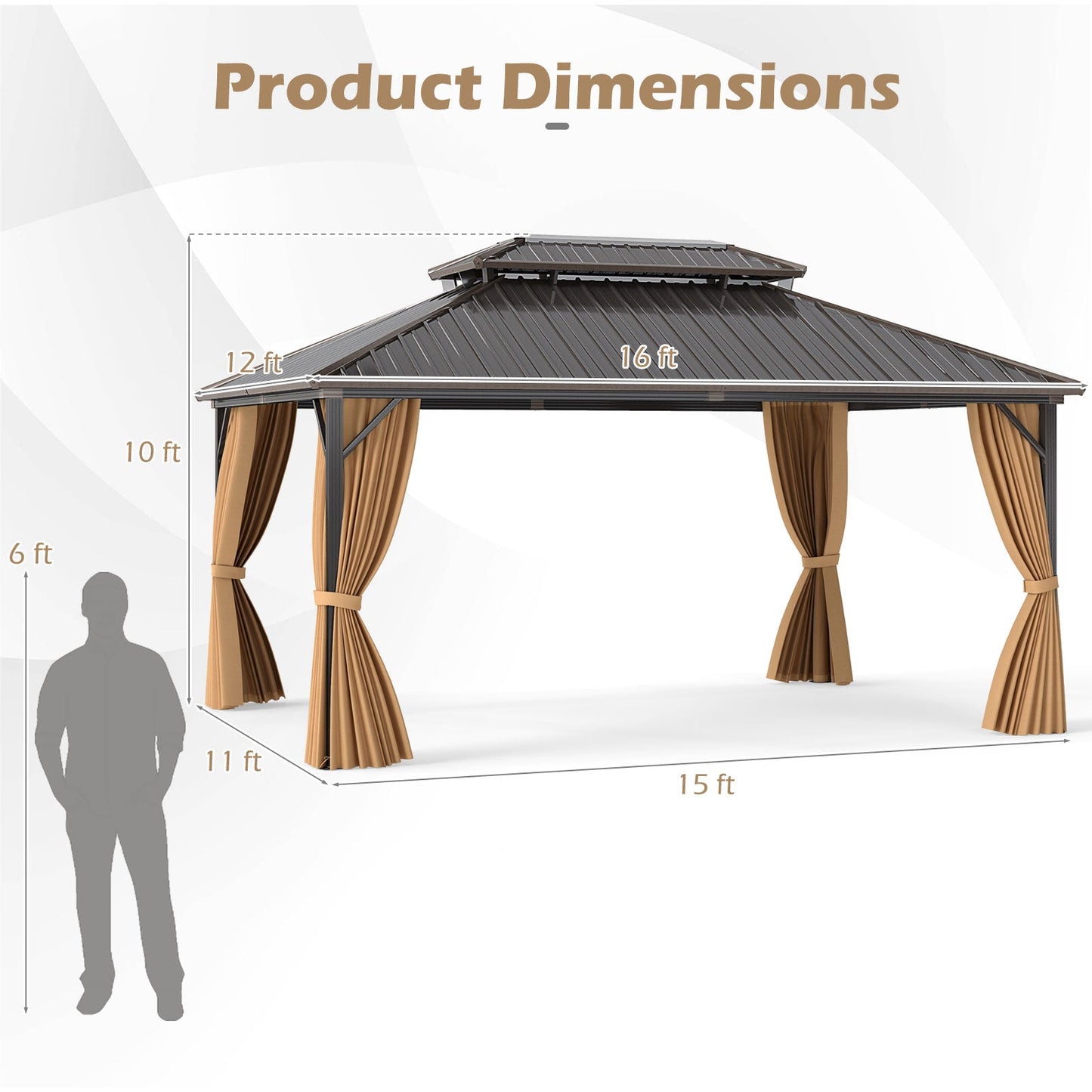 16' × 12' Outdoor Hardtop Gazebo with Double Metal Roof, Curtains and Mesh Netting
