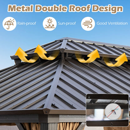 16' × 12' Outdoor Hardtop Gazebo with Double Metal Roof, Curtains and Mesh Netting