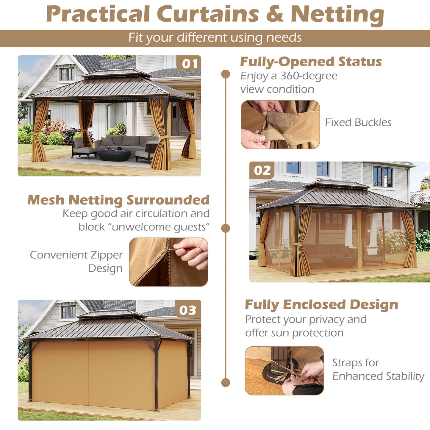 16' × 12' Outdoor Hardtop Gazebo with Double Metal Roof, Curtains and Mesh Netting