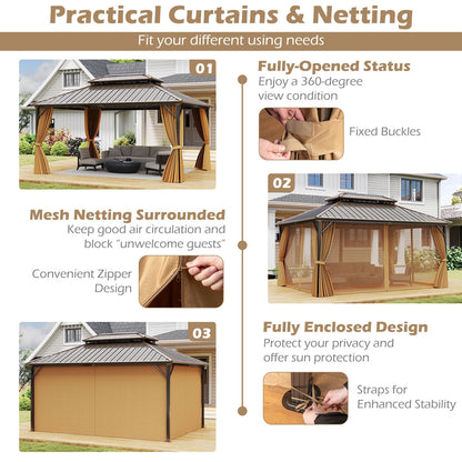16' × 12' Outdoor Hardtop Gazebo with Double Metal Roof, Curtains and Mesh Netting