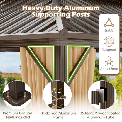 16' × 12' Outdoor Hardtop Gazebo with Double Metal Roof, Curtains and Mesh Netting