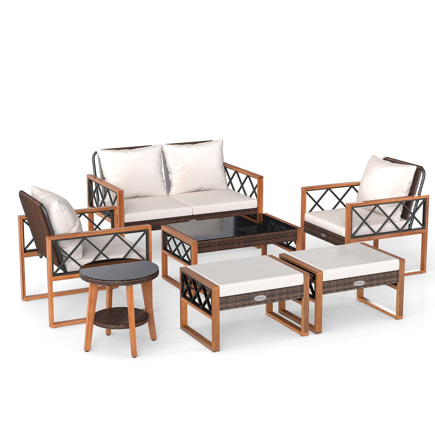 7-Piece Outdoor PE Rattan Patio Furniture Set with Ottomans and Tempered Glass Tables