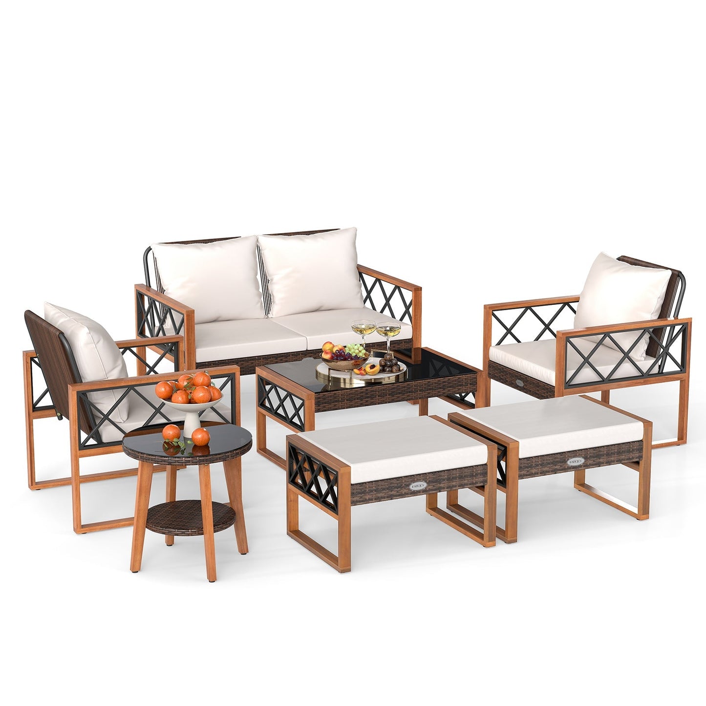 7-Piece Outdoor PE Rattan Patio Furniture Set with Ottomans and Tempered Glass Tables