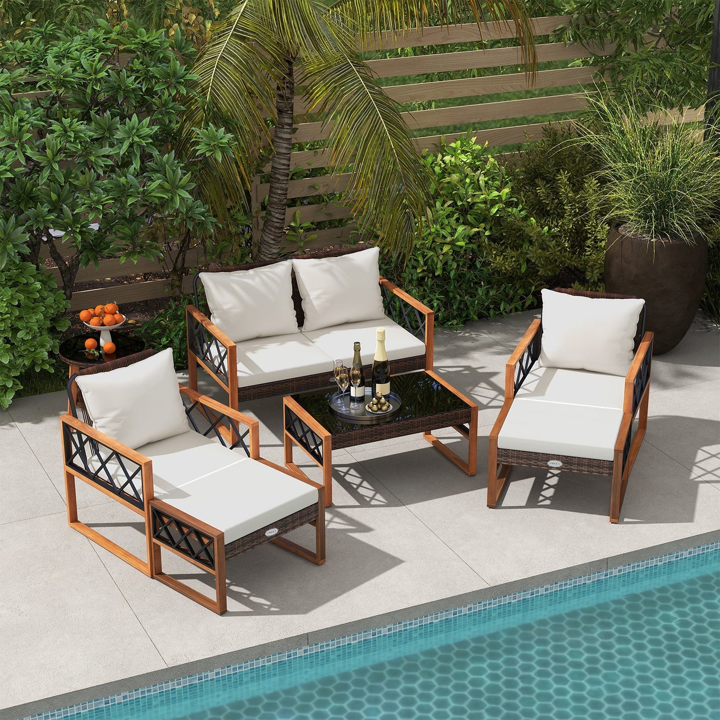 7-Piece Outdoor PE Rattan Patio Furniture Set with Ottomans and Tempered Glass Tables