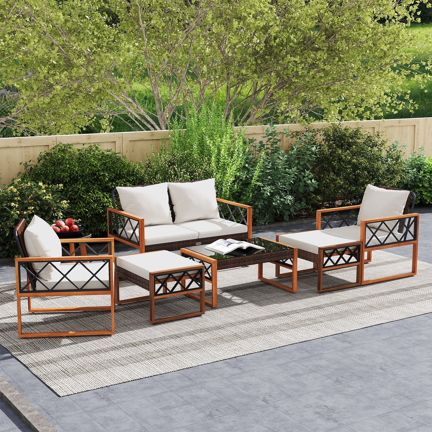 7-Piece Outdoor PE Rattan Patio Furniture Set with Ottomans and Tempered Glass Tables