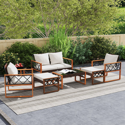 7-Piece Outdoor PE Rattan Patio Furniture Set with Ottomans and Tempered Glass Tables