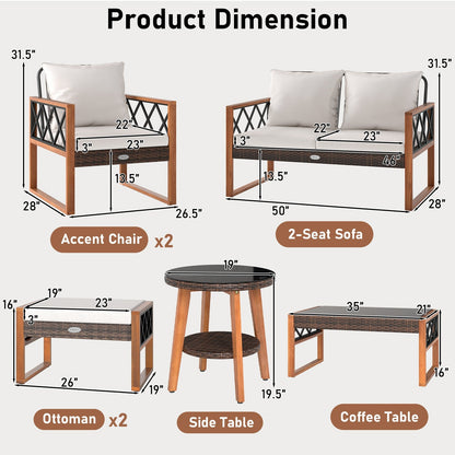 7-Piece Outdoor PE Rattan Patio Furniture Set with Ottomans and Tempered Glass Tables