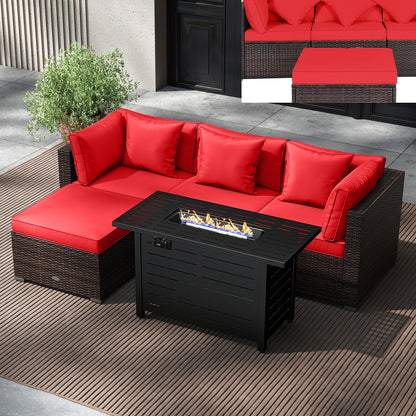 5-Piece Outdoor PE Rattan Patio Furniture Set with 60,000 BTU Fire Pit Table and Ottoman