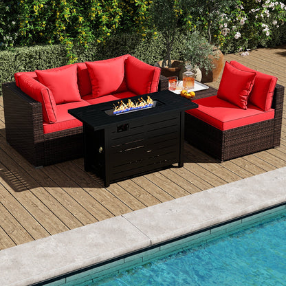 5-Piece Outdoor PE Rattan Patio Furniture Set with 60,000 BTU Fire Pit Table and Ottoman