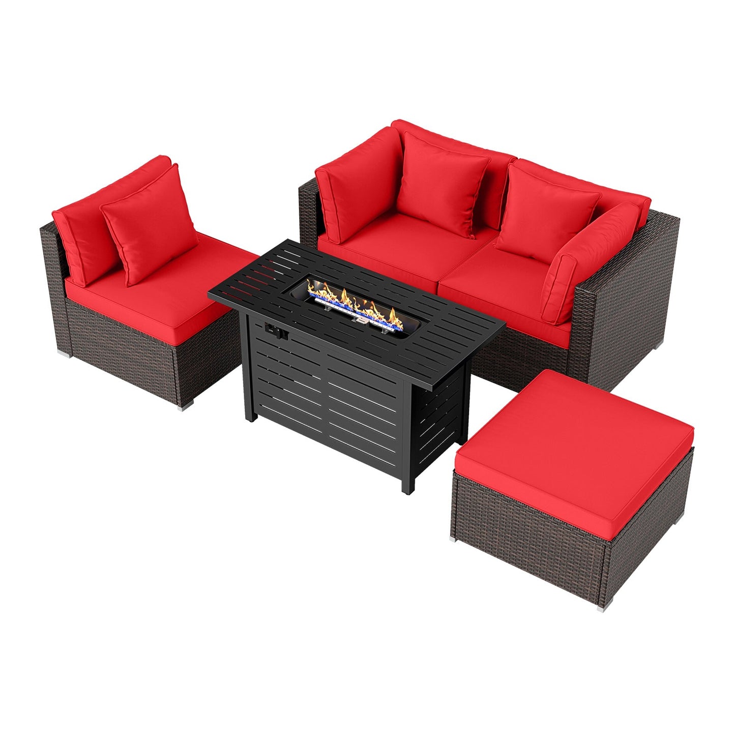 5-Piece Outdoor PE Rattan Patio Furniture Set with 60,000 BTU Fire Pit Table and Ottoman