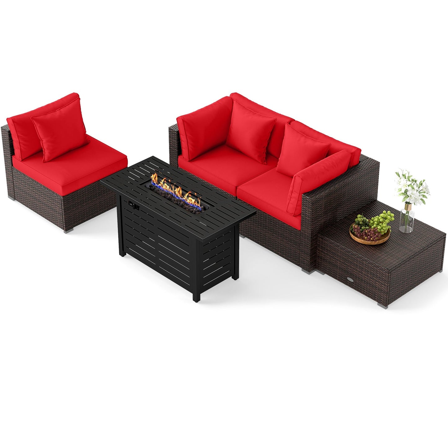 5-Piece Outdoor PE Rattan Patio Furniture Set with 60,000 BTU Fire Pit Table and Ottoman