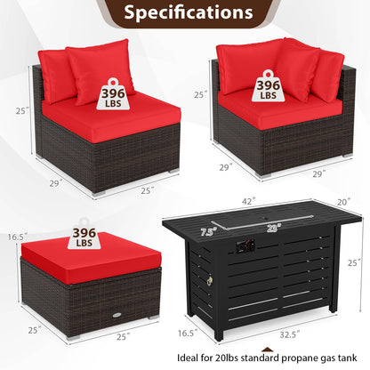 5-Piece Outdoor PE Rattan Patio Furniture Set with 60,000 BTU Fire Pit Table and Ottoman