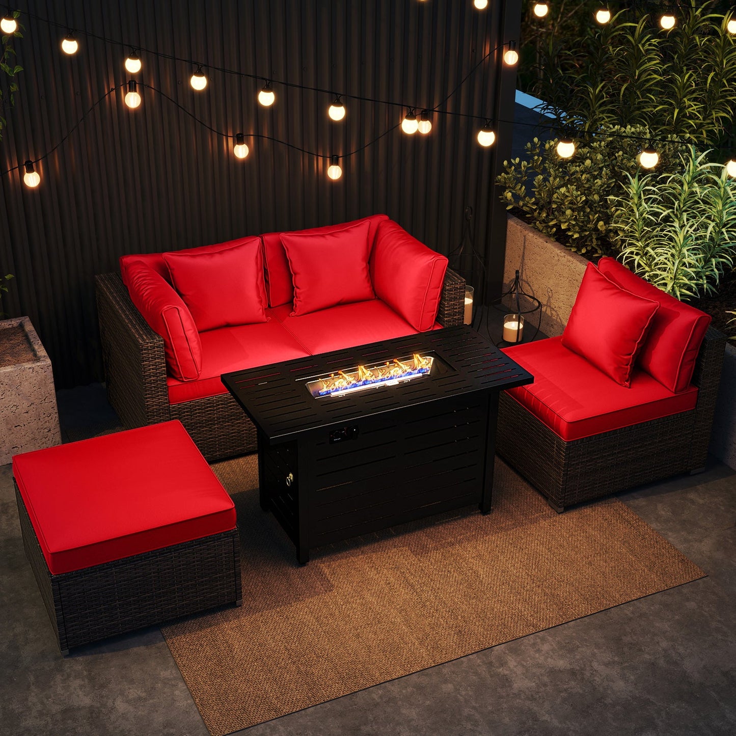 5-Piece Outdoor PE Rattan Patio Furniture Set with 60,000 BTU Fire Pit Table and Ottoman