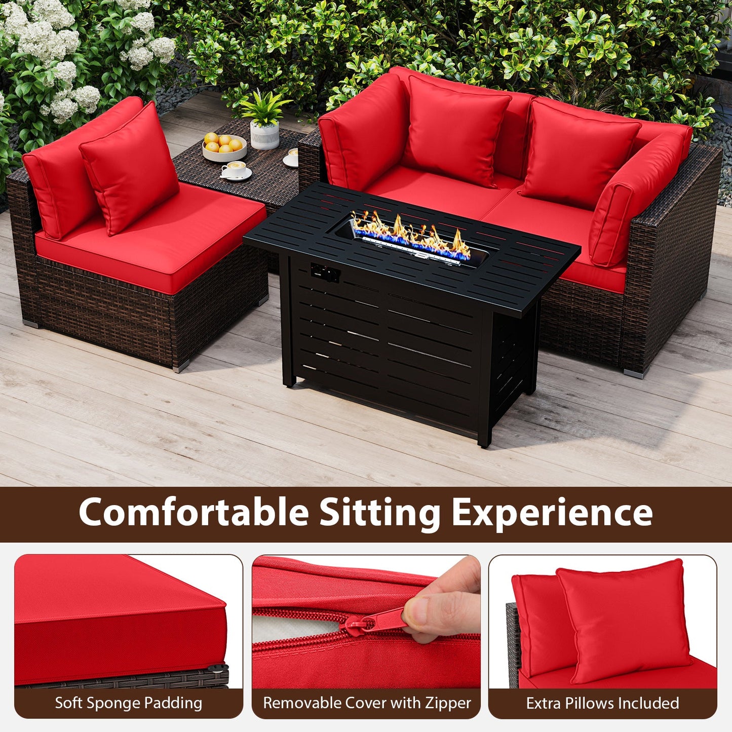 5-Piece Outdoor PE Rattan Patio Furniture Set with 60,000 BTU Fire Pit Table and Ottoman