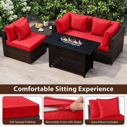 5-Piece Outdoor PE Rattan Patio Furniture Set with 60,000 BTU Fire Pit Table and Ottoman