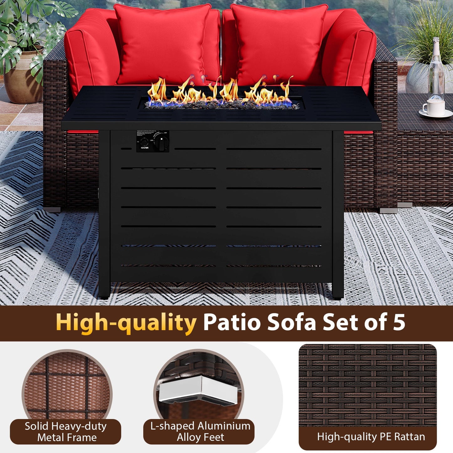 5-Piece Outdoor PE Rattan Patio Furniture Set with 60,000 BTU Fire Pit Table and Ottoman