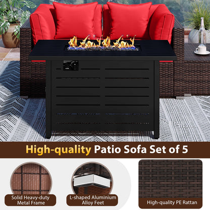 5-Piece Outdoor PE Rattan Patio Furniture Set with 60,000 BTU Fire Pit Table and Ottoman
