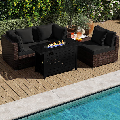 5-Piece Outdoor PE Rattan Patio Furniture Set with 60,000 BTU Fire Pit Table and Ottoman