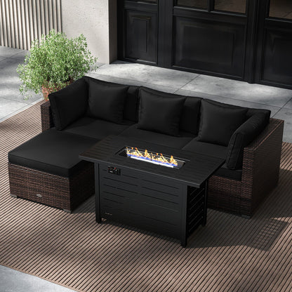 5-Piece Outdoor PE Rattan Patio Furniture Set with 60,000 BTU Fire Pit Table and Ottoman