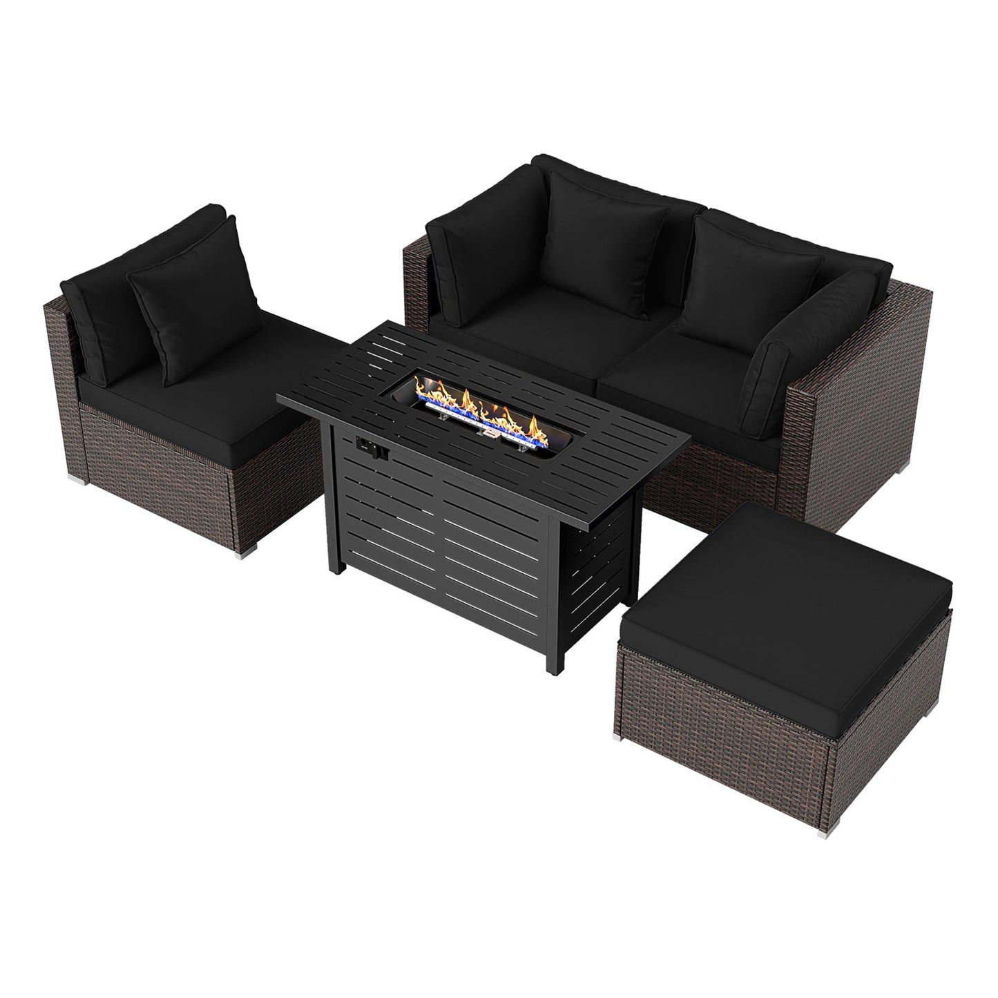 5-Piece Outdoor PE Rattan Patio Furniture Set with 60,000 BTU Fire Pit Table and Ottoman