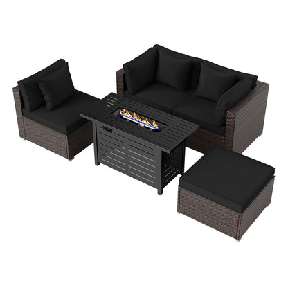 5-Piece Outdoor PE Rattan Patio Furniture Set with 60,000 BTU Fire Pit Table and Ottoman