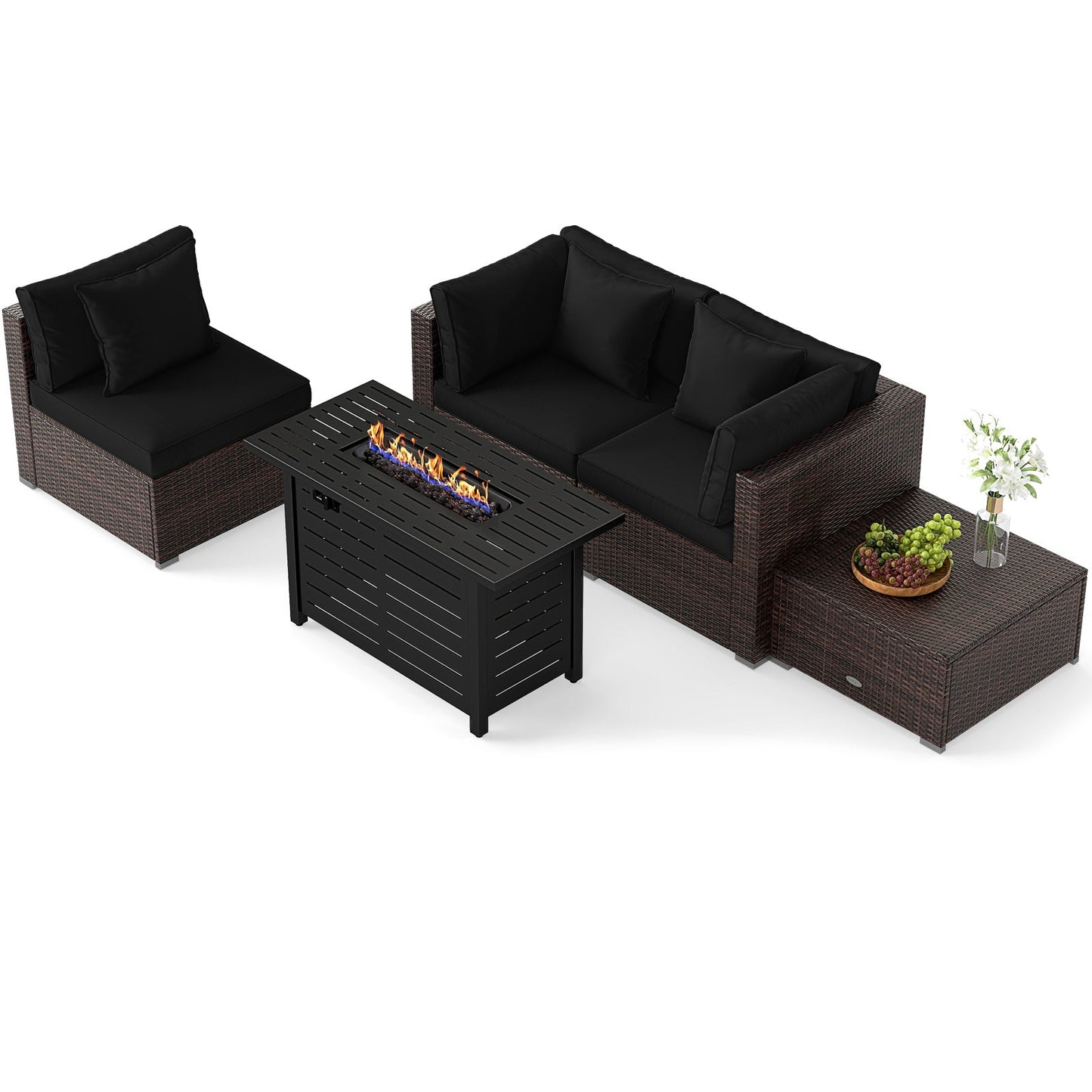 5-Piece Outdoor PE Rattan Patio Furniture Set with 60,000 BTU Fire Pit Table and Ottoman