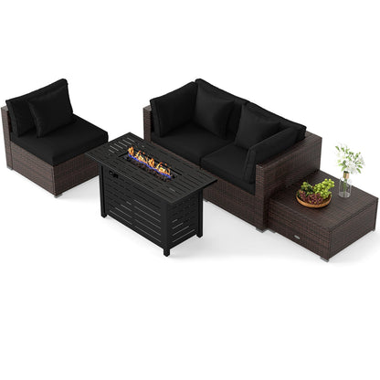 5-Piece Outdoor PE Rattan Patio Furniture Set with 60,000 BTU Fire Pit Table and Ottoman