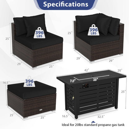 5-Piece Outdoor PE Rattan Patio Furniture Set with 60,000 BTU Fire Pit Table and Ottoman