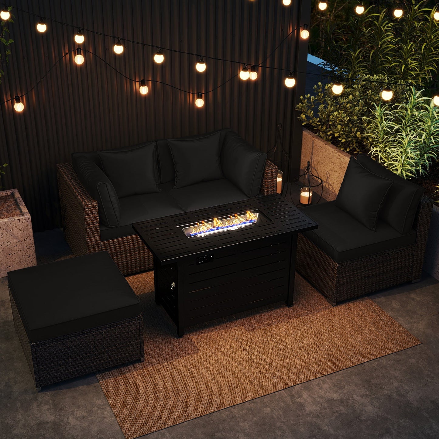5-Piece Outdoor PE Rattan Patio Furniture Set with 60,000 BTU Fire Pit Table and Ottoman