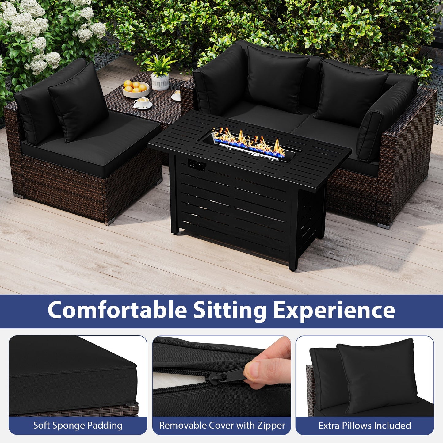 5-Piece Outdoor PE Rattan Patio Furniture Set with 60,000 BTU Fire Pit Table and Ottoman