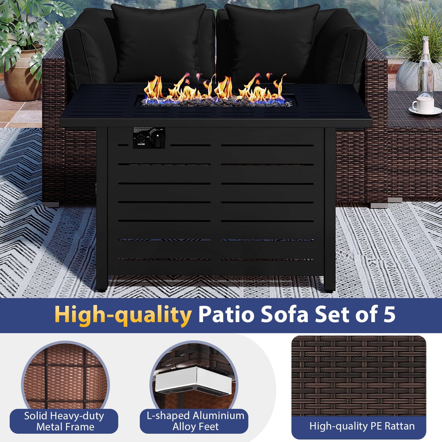5-Piece Outdoor PE Rattan Patio Furniture Set with 60,000 BTU Fire Pit Table and Ottoman