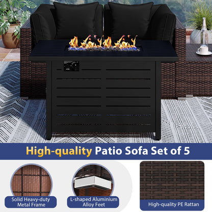 5-Piece Outdoor PE Rattan Patio Furniture Set with 60,000 BTU Fire Pit Table and Ottoman