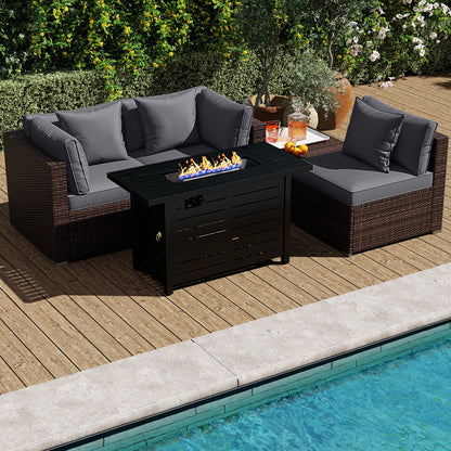 5-Piece Outdoor PE Rattan Patio Furniture Set with 60,000 BTU Fire Pit Table and Ottoman