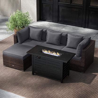 5-Piece Outdoor PE Rattan Patio Furniture Set with 60,000 BTU Fire Pit Table and Ottoman