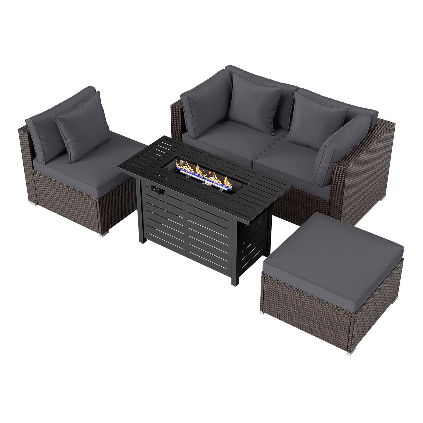 5-Piece Outdoor PE Rattan Patio Furniture Set with 60,000 BTU Fire Pit Table and Ottoman