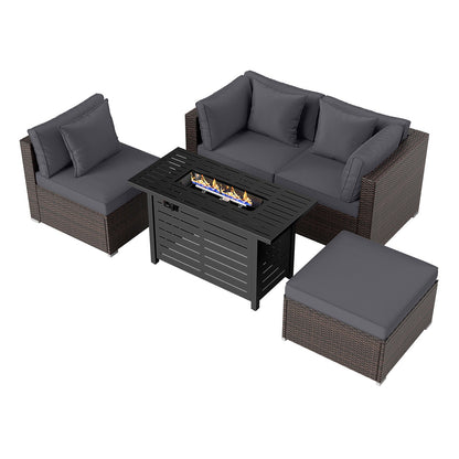 5-Piece Outdoor PE Rattan Patio Furniture Set with 60,000 BTU Fire Pit Table and Ottoman