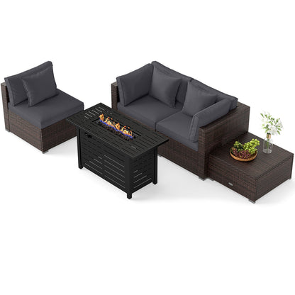 5-Piece Outdoor PE Rattan Patio Furniture Set with 60,000 BTU Fire Pit Table and Ottoman