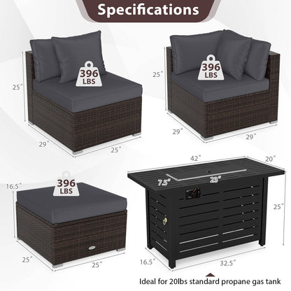 5-Piece Outdoor PE Rattan Patio Furniture Set with 60,000 BTU Fire Pit Table and Ottoman
