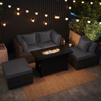 5-Piece Outdoor PE Rattan Patio Furniture Set with 60,000 BTU Fire Pit Table and Ottoman