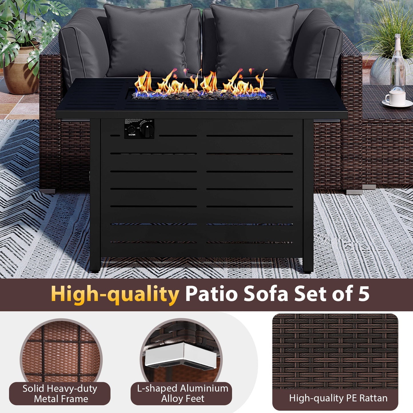 5-Piece Outdoor PE Rattan Patio Furniture Set with 60,000 BTU Fire Pit Table and Ottoman