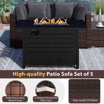 5-Piece Outdoor PE Rattan Patio Furniture Set with 60,000 BTU Fire Pit Table and Ottoman