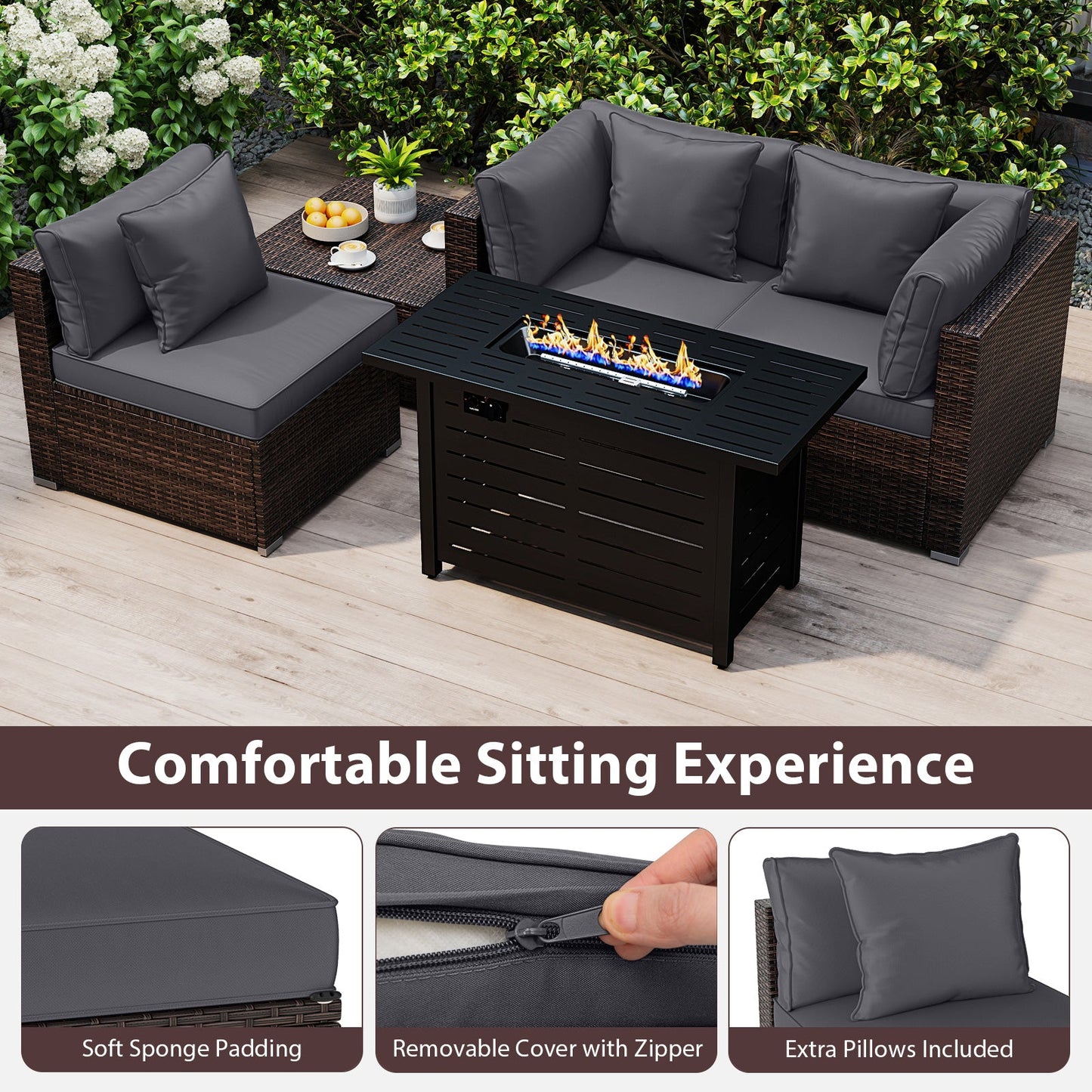 5-Piece Outdoor PE Rattan Patio Furniture Set with 60,000 BTU Fire Pit Table and Ottoman