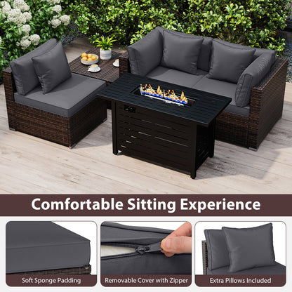 5-Piece Outdoor PE Rattan Patio Furniture Set with 60,000 BTU Fire Pit Table and Ottoman