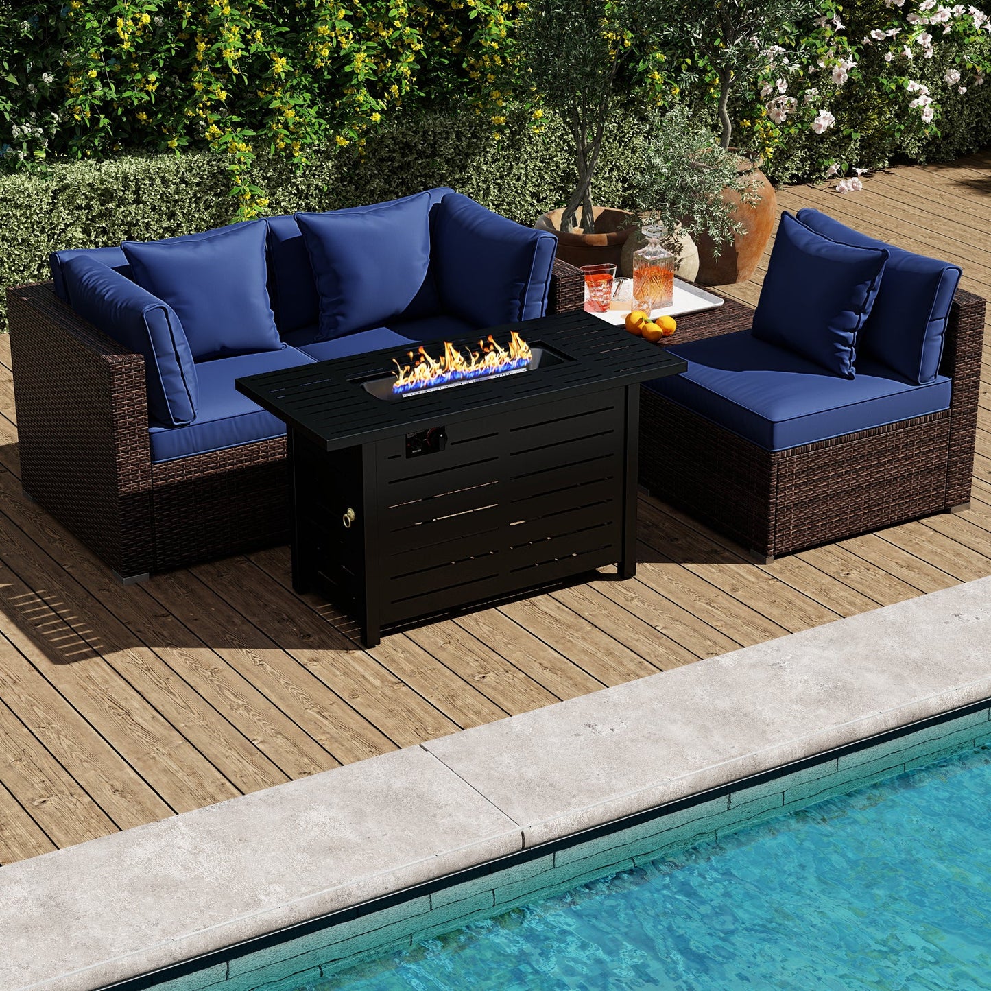5-Piece Outdoor PE Rattan Patio Furniture Set with 60,000 BTU Fire Pit Table and Ottoman