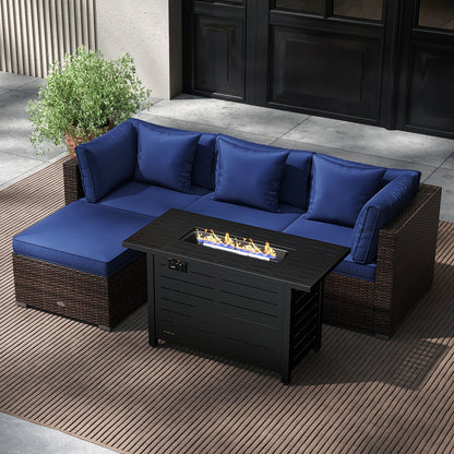 5-Piece Outdoor PE Rattan Patio Furniture Set with 60,000 BTU Fire Pit Table and Ottoman